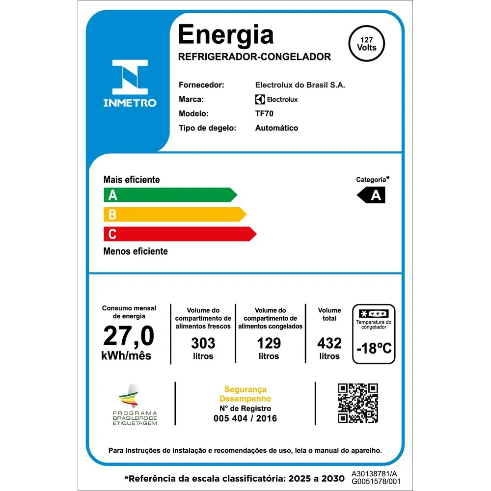 Geladeira Electrolux Frost Free 432L Efficient AutoSense Duplex Branca (TF70)