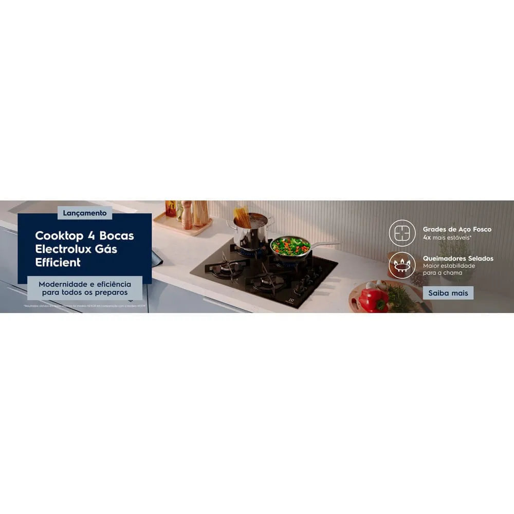 Cooktop 4 Bocas a Gás Electrolux Mesa de Vidro Efficient Grade de Aço Fosco (KE4GR)